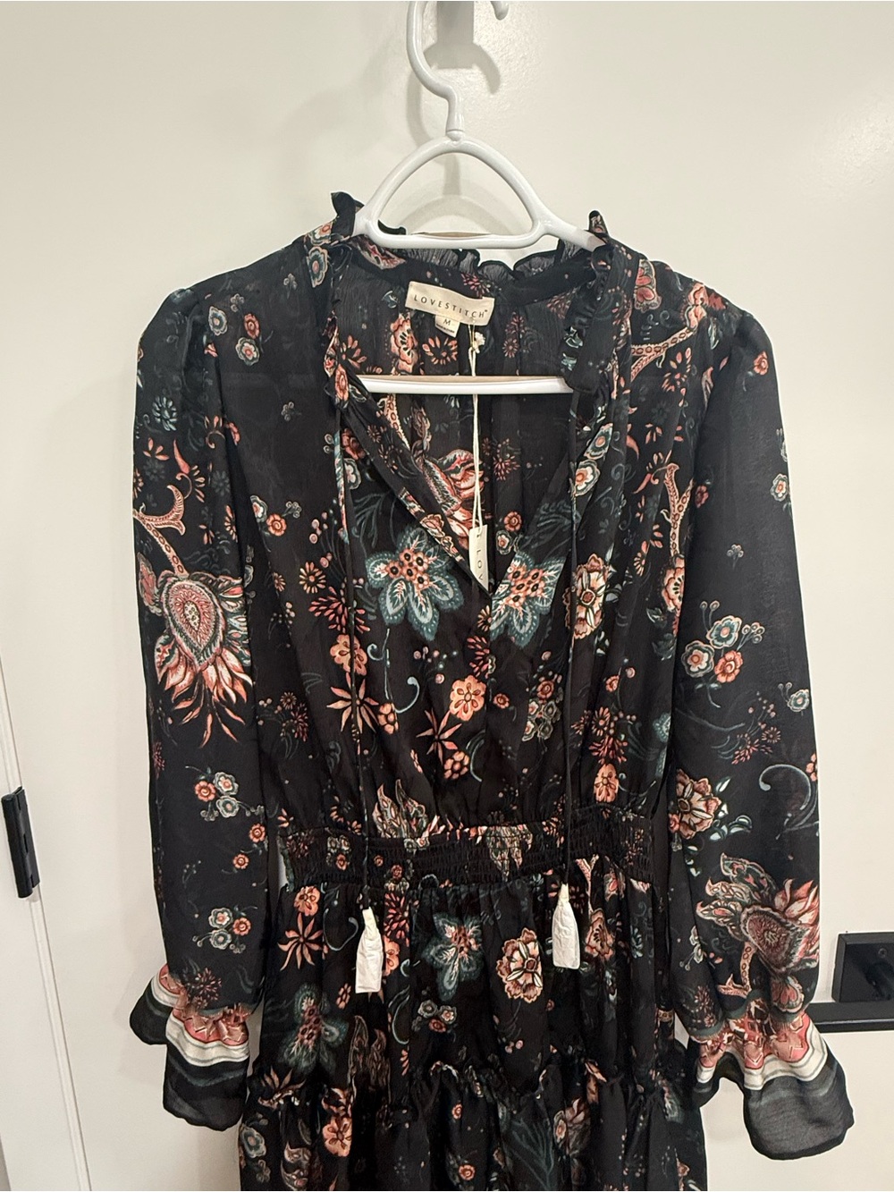 Lovestitch Black Floral Mini Fit & Flare Dress Long Bell Sleeve Size M Boho - Picture 2 of 9